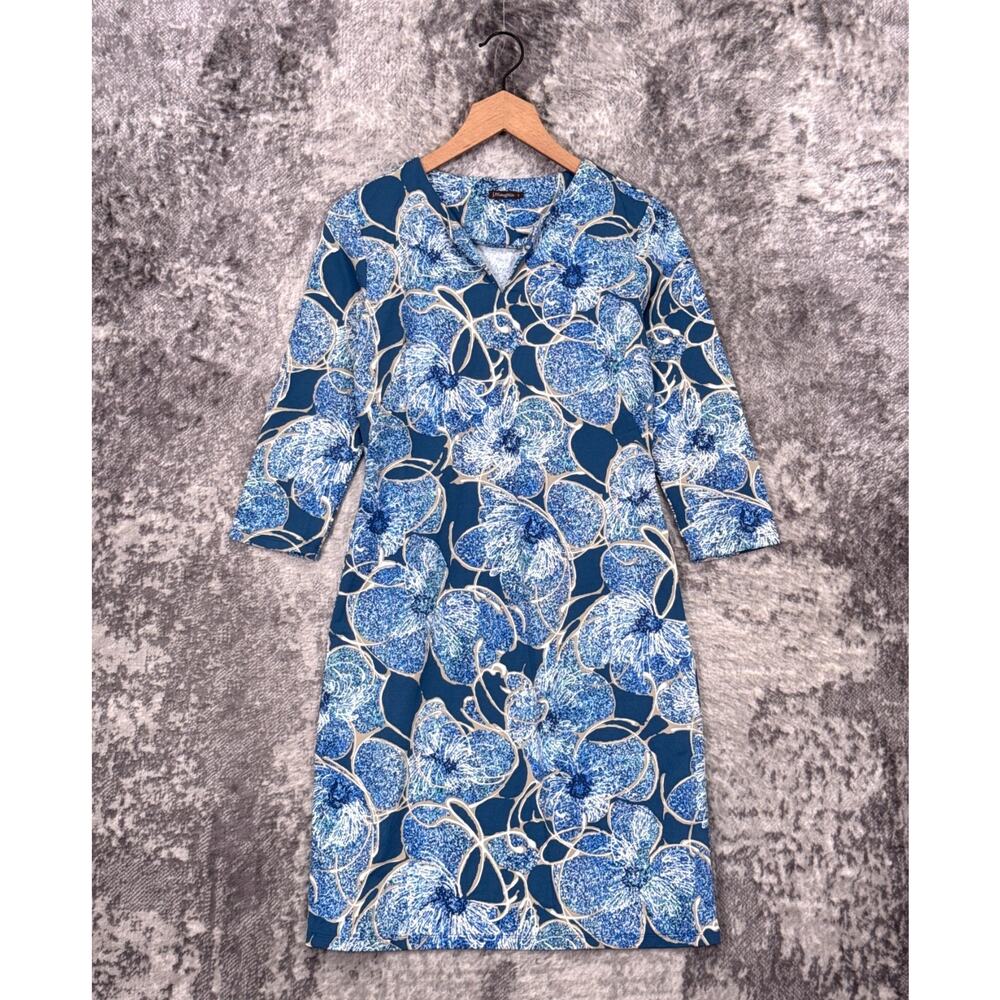 J McLaughlin Catalina Cloth Dress Small Womens Blue Floral 3/4 Sleeve